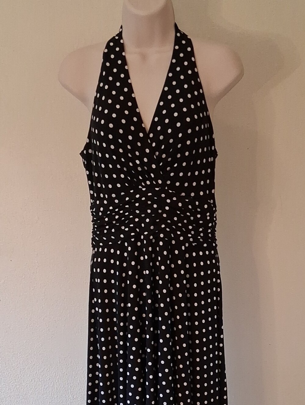 Chaps Black and White Polka Dot One-Shoulder Halter Dress